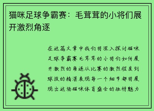 猫咪足球争霸赛：毛茸茸的小将们展开激烈角逐