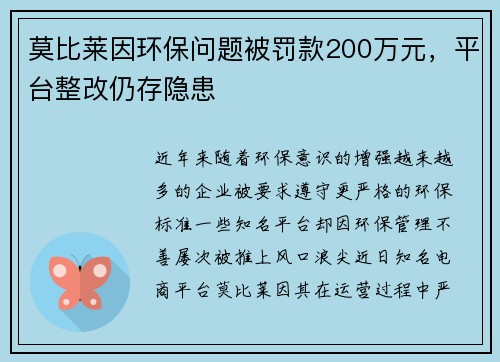 莫比莱因环保问题被罚款200万元，平台整改仍存隐患