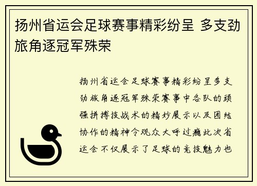 扬州省运会足球赛事精彩纷呈 多支劲旅角逐冠军殊荣