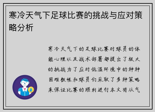 寒冷天气下足球比赛的挑战与应对策略分析