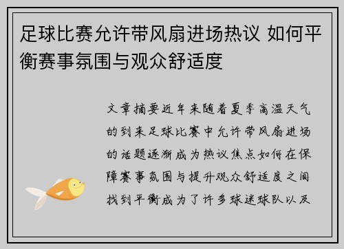 足球比赛允许带风扇进场热议 如何平衡赛事氛围与观众舒适度