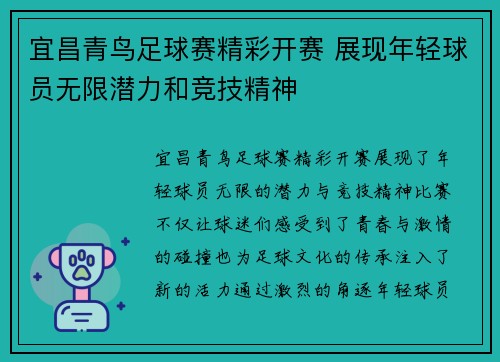 宜昌青鸟足球赛精彩开赛 展现年轻球员无限潜力和竞技精神