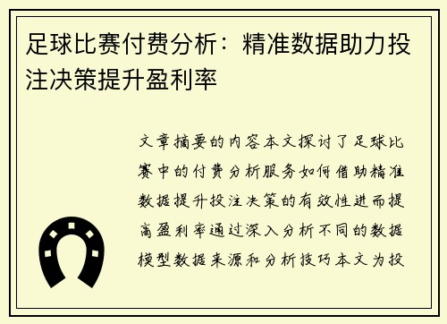 足球比赛付费分析：精准数据助力投注决策提升盈利率