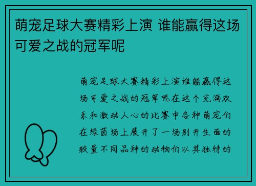 萌宠足球大赛精彩上演 谁能赢得这场可爱之战的冠军呢