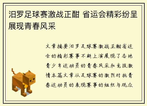 汨罗足球赛激战正酣 省运会精彩纷呈展现青春风采