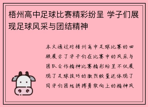 梧州高中足球比赛精彩纷呈 学子们展现足球风采与团结精神