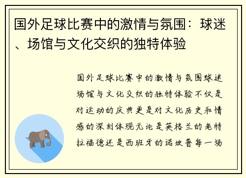 国外足球比赛中的激情与氛围：球迷、场馆与文化交织的独特体验