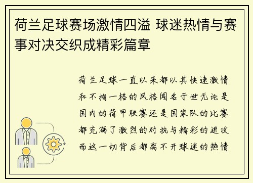 荷兰足球赛场激情四溢 球迷热情与赛事对决交织成精彩篇章