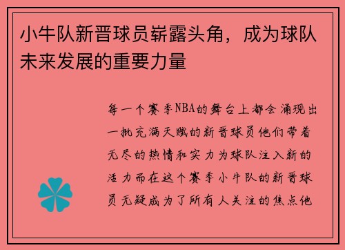 小牛队新晋球员崭露头角，成为球队未来发展的重要力量