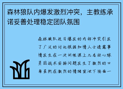 森林狼队内爆发激烈冲突，主教练承诺妥善处理稳定团队氛围