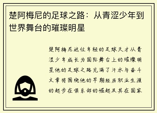 楚阿梅尼的足球之路：从青涩少年到世界舞台的璀璨明星