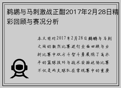 鹈鹕与马刺激战正酣2017年2月28日精彩回顾与赛况分析