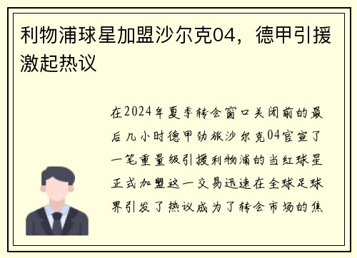 利物浦球星加盟沙尔克04，德甲引援激起热议