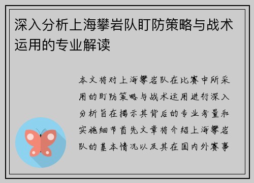 深入分析上海攀岩队盯防策略与战术运用的专业解读