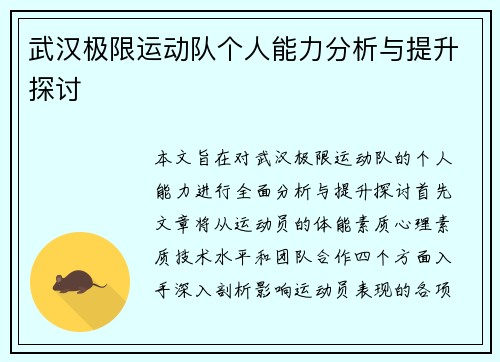 武汉极限运动队个人能力分析与提升探讨